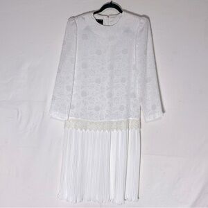 Vintage White Long Sleeve Pleated Midi Shift Bride Mother Of The Bride Dress M